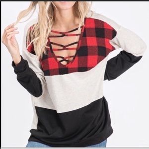 Red and Black Plaid Front Caged Blouse